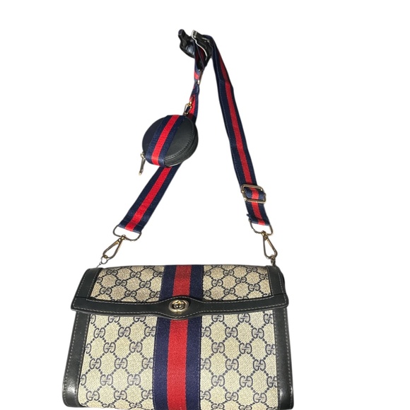 Vintage GUCCI Clutch Bag With Navy/Red Unbranded Replacement Strap & Coin Case - Picture 2 of 7